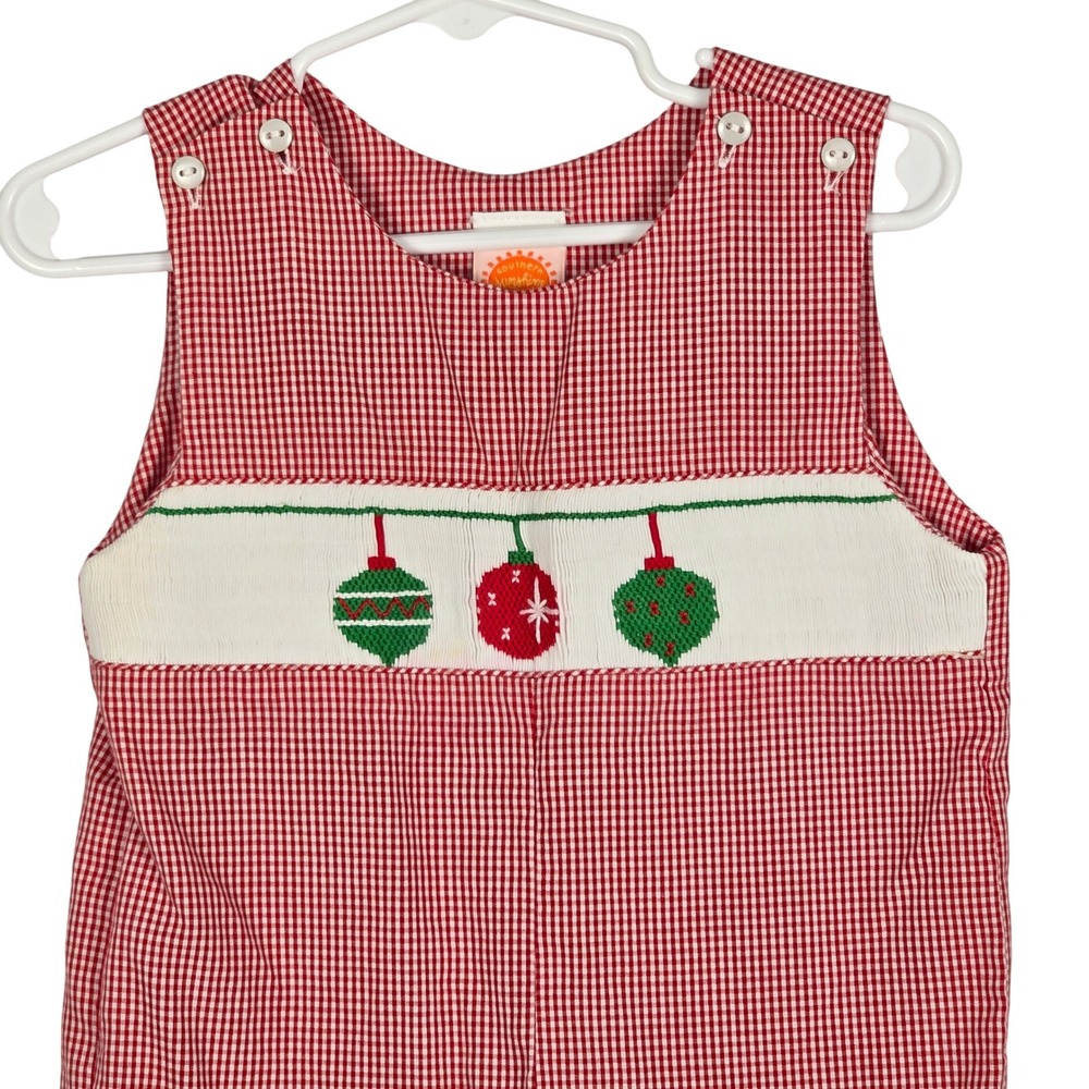 Southern Sunshine Boy Smocked Jumper One‎ Piece Romper Christmas Gingham 6M Red - Picture 2 of 11